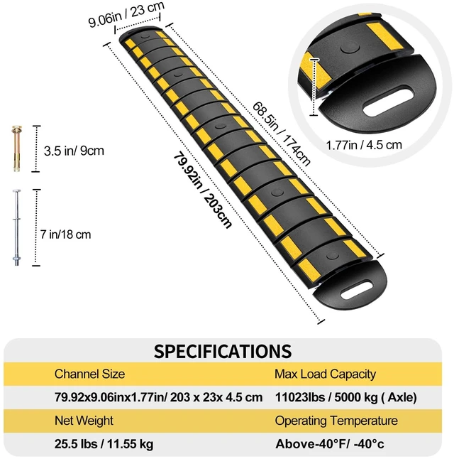 Alt view image 2 of 7 - Rubber Speed Bump, 6.4FT Portable Speed Bumps, Heavy Duty Speed Bump for Driveway Asphalt Vehicle Traffic Road Concrete Garage Gravel Roads with 5 Bolts & 3 Straps (79.9 x 9 x 1.77 Inch)