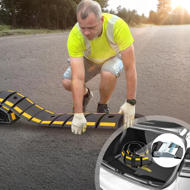 Alt view image 5 of 7 - Rubber Speed Bump, 6.4FT Portable Speed Bumps, Heavy Duty Speed Bump for Driveway Asphalt Vehicle Traffic Road Concrete Garage Gravel Roads with 5 Bolts & 3 Straps (79.9 x 9 x 1.77 Inch)