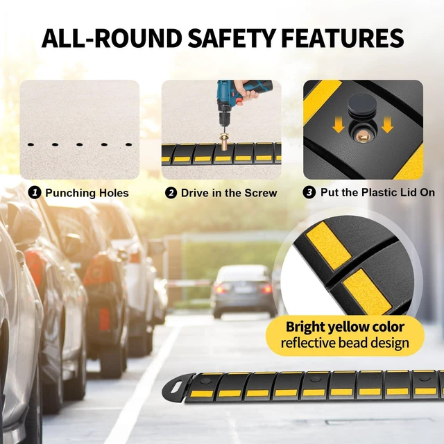 Alt view image 7 of 7 - Rubber Speed Bump, 6.4FT Portable Speed Bumps, Heavy Duty Speed Bump for Driveway Asphalt Vehicle Traffic Road Concrete Garage Gravel Roads with 5 Bolts & 3 Straps (79.9 x 9 x 1.77 Inch)