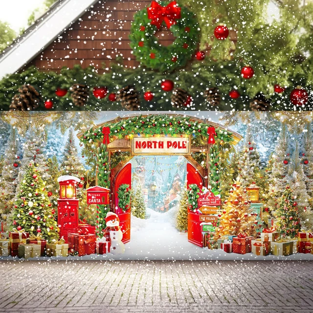 Alt view image 2 of 7 - Christmas Garage Door Cover 16x7 ft North Pole Winter Banner Snowy Forest for Outdoor Wall Party, Double Garage Door Decor, Waterproof Christmas Holiday Banner Cover, Festive
