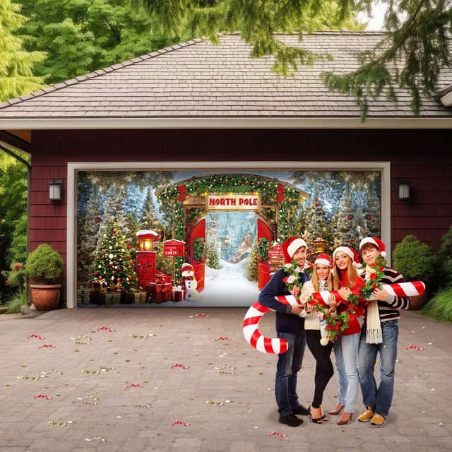 Alt view image 3 of 7 - Christmas Garage Door Cover 16x7 ft North Pole Winter Banner Snowy Forest for Outdoor Wall Party, Double Garage Door Decor, Waterproof Christmas Holiday Banner Cover, Festive