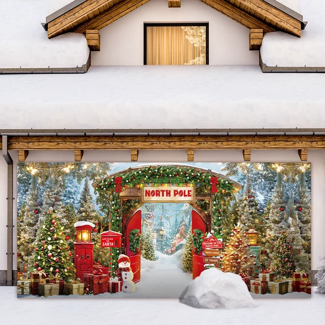 Alt view image 4 of 7 - Christmas Garage Door Cover 16x7 ft North Pole Winter Banner Snowy Forest for Outdoor Wall Party, Double Garage Door Decor, Waterproof Christmas Holiday Banner Cover, Festive