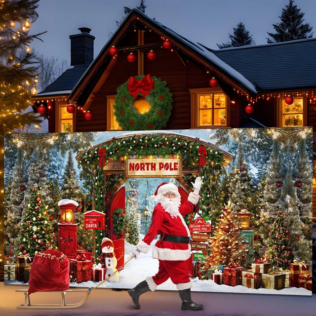 Alt view image 5 of 7 - Christmas Garage Door Cover 16x7 ft North Pole Winter Banner Snowy Forest for Outdoor Wall Party, Double Garage Door Decor, Waterproof Christmas Holiday Banner Cover, Festive