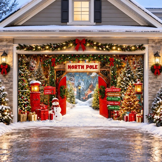 Main image of Christmas Garage Door Cover 16x7 ft North Pole Winter Banner Snowy Forest for Outdoor Wall Party, Double Garage Door Decor, Waterproof Christmas Holiday Banner Cover, Festive