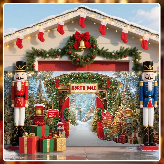 Alt view image 7 of 7 - Christmas Garage Door Cover 16x7 ft North Pole Winter Banner Snowy Forest for Outdoor Wall Party, Double Garage Door Decor, Waterproof Christmas Holiday Banner Cover, Festive