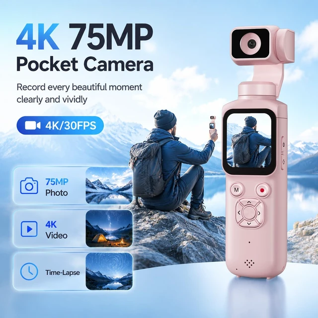 Alt view image 2 of 7 - 4K Vlogging Camera for Youtube,75MP Pocket Camera with Face Tracking(Pink) 330°Rotating Lens,1.72" Touch Screen,WIFI,4X Zoom,16GB TF Card & Tripod,Handheld Video Camera for Blogger Youtuber