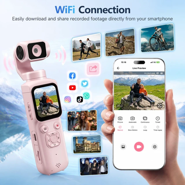 Alt view image 3 of 7 - 4K Vlogging Camera for Youtube,75MP Pocket Camera with Face Tracking(Pink) 330°Rotating Lens,1.72" Touch Screen,WIFI,4X Zoom,16GB TF Card & Tripod,Handheld Video Camera for Blogger Youtuber