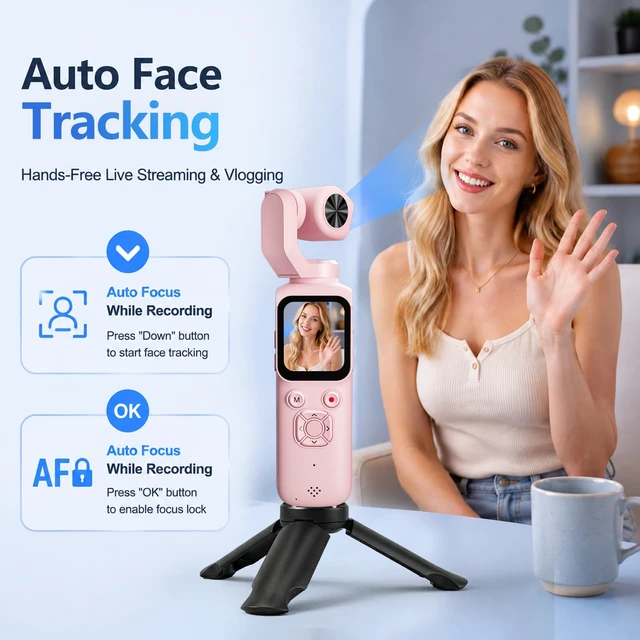 Alt view image 6 of 7 - 4K Vlogging Camera for Youtube,75MP Pocket Camera with Face Tracking(Pink) 330°Rotating Lens,1.72" Touch Screen,WIFI,4X Zoom,16GB TF Card & Tripod,Handheld Video Camera for Blogger Youtuber