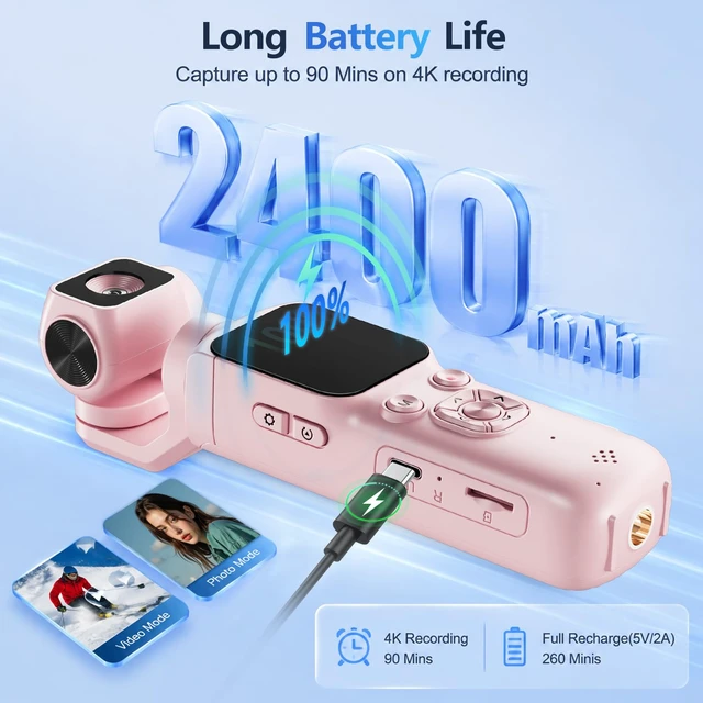 Alt view image 7 of 7 - 4K Vlogging Camera for Youtube,75MP Pocket Camera with Face Tracking(Pink) 330°Rotating Lens,1.72" Touch Screen,WIFI,4X Zoom,16GB TF Card & Tripod,Handheld Video Camera for Blogger Youtuber
