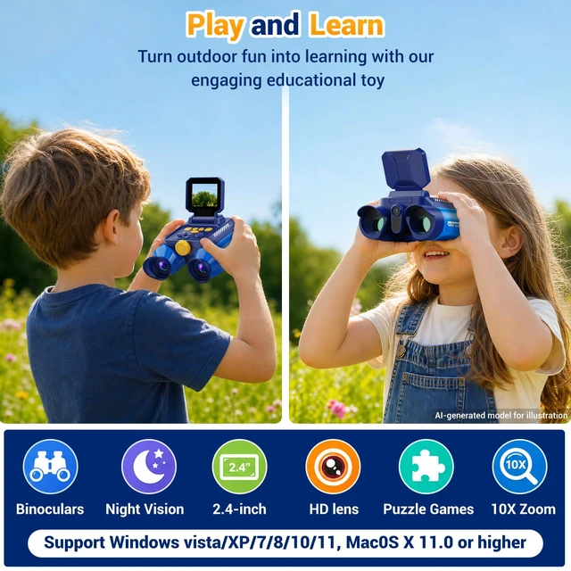 Alt view image 2 of 7 - Binoculars for Kids with Night Vision Camera, STEM Educational Toys 48MP HD, 10X, Built-in 20 Games, Photo & Video, Outdoor Travel Nature Exploration, Birthday Gift for Boys & Girls Ages 3+
