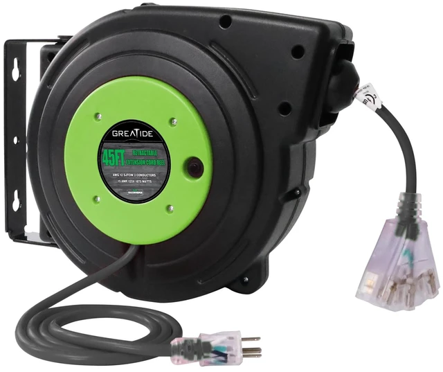 Main image of 45 Ft Retractable Extension Cord Reel, 12 AWG/3C SJTOW Heavy Duty Power Cord with 3 Electrical Outlets, 15 AMP Circuit Breaker, Lighted Triple Tap, Ceiling or Wall Mount, UL Listed