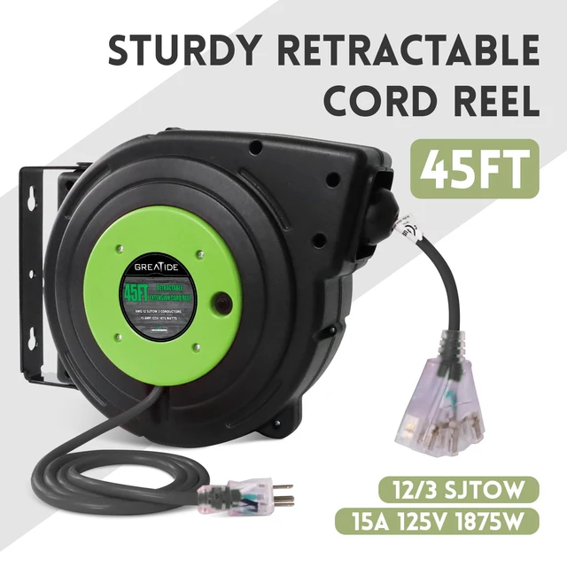 Alt view image 2 of 7 - 45 Ft Retractable Extension Cord Reel, 12 AWG/3C SJTOW Heavy Duty Power Cord with 3 Electrical Outlets, 15 AMP Circuit Breaker, Lighted Triple Tap, Ceiling or Wall Mount, UL Listed