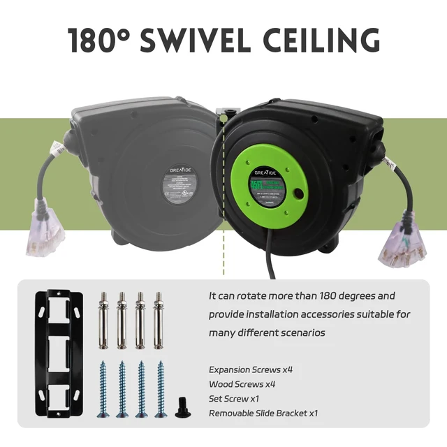 Alt view image 3 of 7 - 45 Ft Retractable Extension Cord Reel, 12 AWG/3C SJTOW Heavy Duty Power Cord with 3 Electrical Outlets, 15 AMP Circuit Breaker, Lighted Triple Tap, Ceiling or Wall Mount, UL Listed