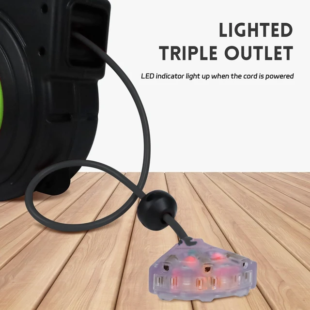 Alt view image 5 of 7 - 45 Ft Retractable Extension Cord Reel, 12 AWG/3C SJTOW Heavy Duty Power Cord with 3 Electrical Outlets, 15 AMP Circuit Breaker, Lighted Triple Tap, Ceiling or Wall Mount, UL Listed