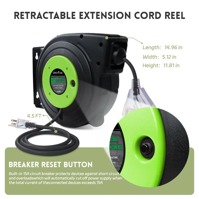 Alt view image 6 of 7 - 45 Ft Retractable Extension Cord Reel, 12 AWG/3C SJTOW Heavy Duty Power Cord with 3 Electrical Outlets, 15 AMP Circuit Breaker, Lighted Triple Tap, Ceiling or Wall Mount, UL Listed