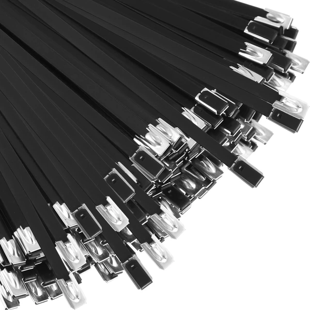 Main image of 500 Pcs 11.8" Black 304 Stainless Steel Zip Ties Heavy Duty Self Locking Metal Cables, Epoxy Coated for Exhaust Wrap Outdoor Fence, Machinery Vehicles Farm Multi Purpose