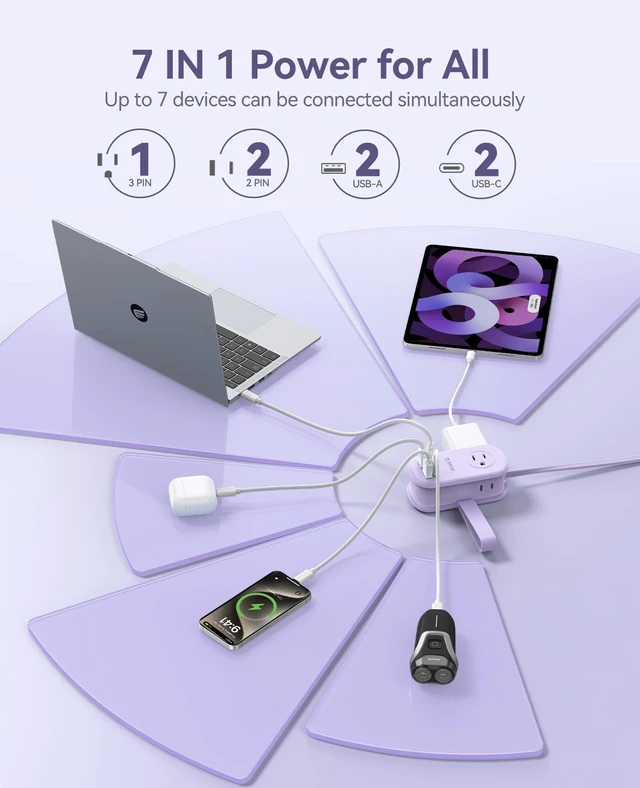 Alt view image 2 of 7 - Travel Power Strip 65W GaN Charger Station with 4FT Extension Cord 7 in 13 AC Outlets & 2 USB A and 2 USB-C Ports) Flat Plug, Compact USB C Charger for Cruise Home Office Dorm Laptop