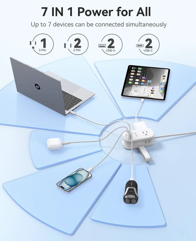 Alt view image 3 of 7 - 65W GaN Travel Power Strip with 3 Outlets & 4 USB Ports (2 USB C) 4FT Flat Plug Extension Cord with Cord Wrap Design, Compact USB C Charger for Cruise Home Office Dorm Laptop