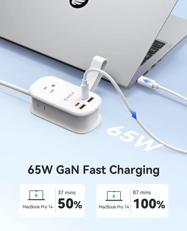Alt view image 2 of 7 - 65W GaN Travel Power Strip with 3 Outlets & 4 USB Ports (2 USB C) 4FT Flat Plug Extension Cord with Cord Wrap Design, Compact USB C Charger for Cruise Home Office Dorm Laptop