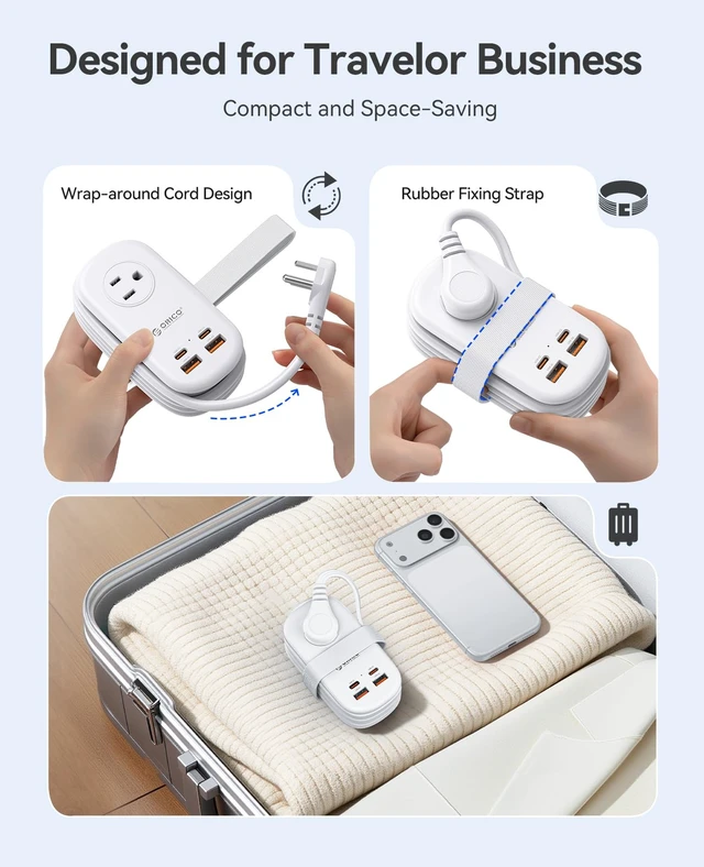 Alt view image 5 of 7 - 65W GaN Travel Power Strip with 3 Outlets & 4 USB Ports (2 USB C) 4FT Flat Plug Extension Cord with Cord Wrap Design, Compact USB C Charger for Cruise Home Office Dorm Laptop