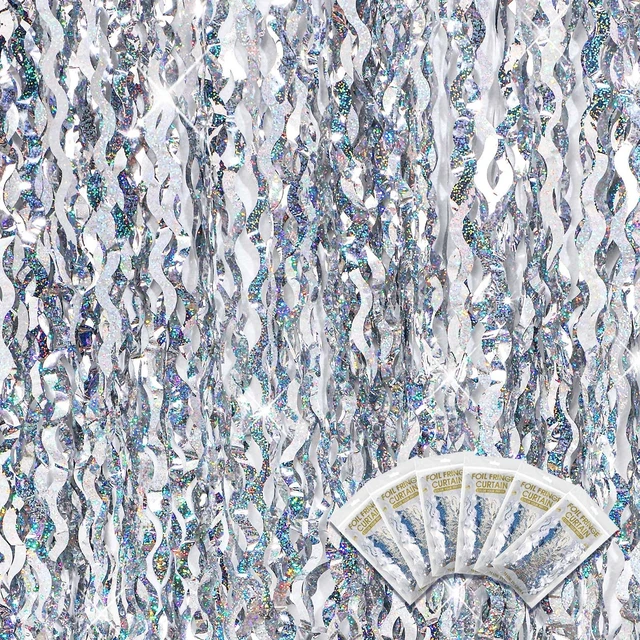 Main image of 6 Pcs Foil Fringe Curtains Backdrop Tinsel, Silver 3.3x6.6 ft Wavy Shimmer Metallic Streamer for PartiesOcean Mermaid Birthday Shower,Photo Booth Background