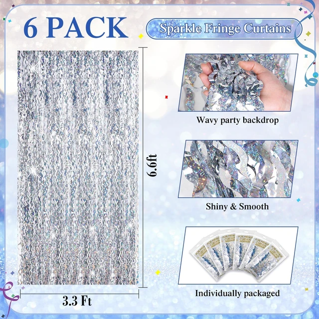 Alt view image 2 of 6 - 6 Pcs Foil Fringe Curtains Backdrop Tinsel, Silver 3.3x6.6 ft Wavy Shimmer Metallic Streamer for PartiesOcean Mermaid Birthday Shower,Photo Booth Background