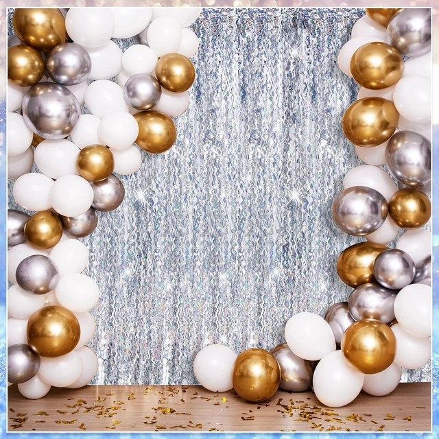 Alt view image 5 of 6 - 6 Pcs Foil Fringe Curtains Backdrop Tinsel, Silver 3.3x6.6 ft Wavy Shimmer Metallic Streamer for PartiesOcean Mermaid Birthday Shower,Photo Booth Background
