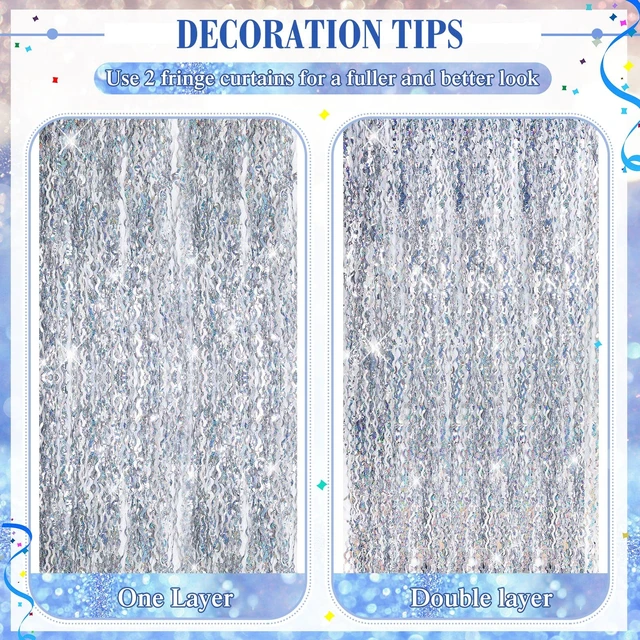 Alt view image 4 of 6 - 6 Pcs Foil Fringe Curtains Backdrop Tinsel, Silver 3.3x6.6 ft Wavy Shimmer Metallic Streamer for PartiesOcean Mermaid Birthday Shower,Photo Booth Background