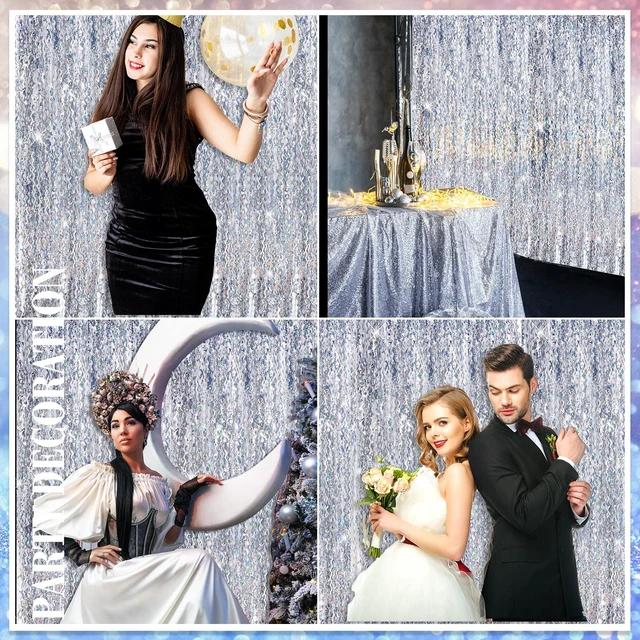 Alt view image 6 of 6 - 6 Pcs Foil Fringe Curtains Backdrop Tinsel, Silver 3.3x6.6 ft Wavy Shimmer Metallic Streamer for PartiesOcean Mermaid Birthday Shower,Photo Booth Background