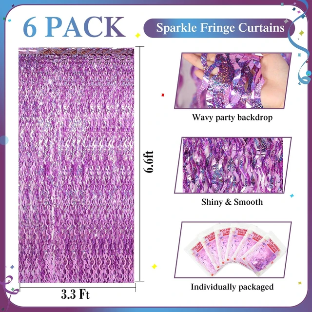 Alt view image 2 of 6 - 6 Pcs Foil Fringe Curtains Backdrop Tinsel, Light Purple 3.3x6.6 ft Wavy Shimmer Metallic Streamer for PartiesOcean Mermaid Birthday Shower,Photo Booth Background