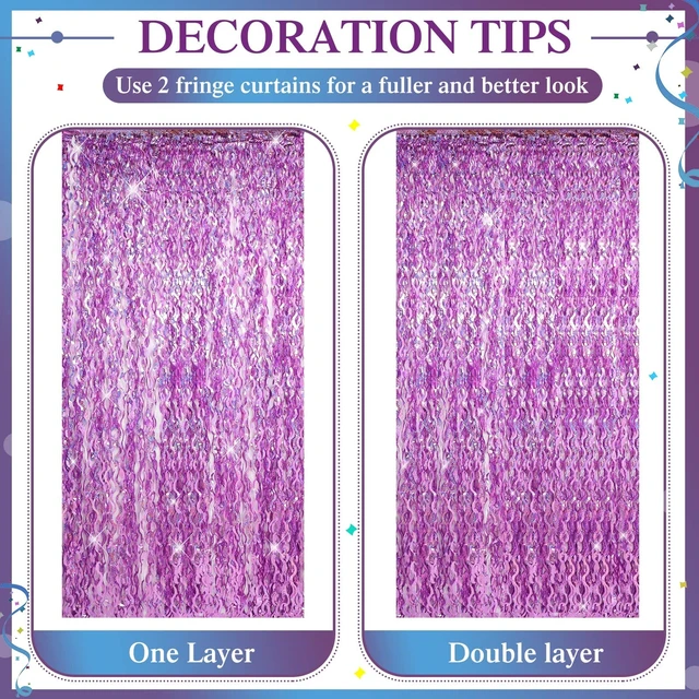 Alt view image 4 of 6 - 6 Pcs Foil Fringe Curtains Backdrop Tinsel, Light Purple 3.3x6.6 ft Wavy Shimmer Metallic Streamer for PartiesOcean Mermaid Birthday Shower,Photo Booth Background