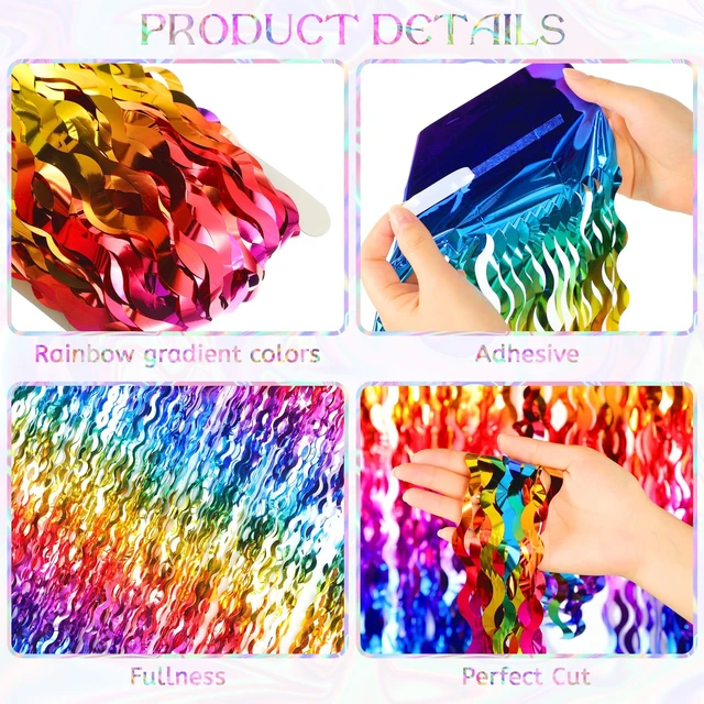 Alt view image 2 of 7 - 6 Pcs Foil Fringe Curtains Backdrop Tinsel, Rainbow 3.3x6.6 ft Wavy Shimmer Metallic Streamer for PartiesOcean Mermaid Birthday Shower,Photo Booth Background