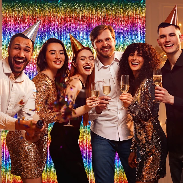 Alt view image 4 of 7 - 6 Pcs Foil Fringe Curtains Backdrop Tinsel, Rainbow 3.3x6.6 ft Wavy Shimmer Metallic Streamer for PartiesOcean Mermaid Birthday Shower,Photo Booth Background