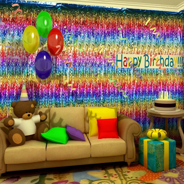 Alt view image 6 of 7 - 6 Pcs Foil Fringe Curtains Backdrop Tinsel, Rainbow 3.3x6.6 ft Wavy Shimmer Metallic Streamer for PartiesOcean Mermaid Birthday Shower,Photo Booth Background