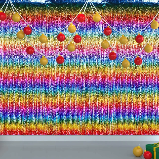 Alt view image 7 of 7 - 6 Pcs Foil Fringe Curtains Backdrop Tinsel, Rainbow 3.3x6.6 ft Wavy Shimmer Metallic Streamer for PartiesOcean Mermaid Birthday Shower,Photo Booth Background