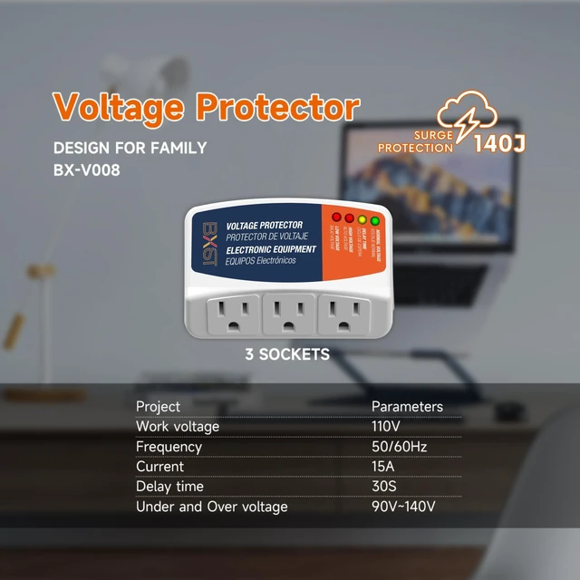 Alt view image 2 of 7 - Surge Protector 3 Outlet Power Voltage Protector for Home Protects Against High and Low Voltage Brownout Surge Protector for Refrigerator/TV/PC 15A, 120V, 1800W (1 Pack)