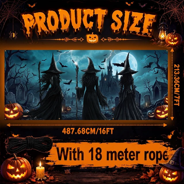 Alt view image 2 of 7 - 7 x 16 ft Witch Halloween Garage Door Cover Banner Decoration Waterproof Polyester, Halloween Haunted Party, Spooky Witch Bat Pumpkin Graveyard, Photo Backdrop, for Outdoor Home Wall