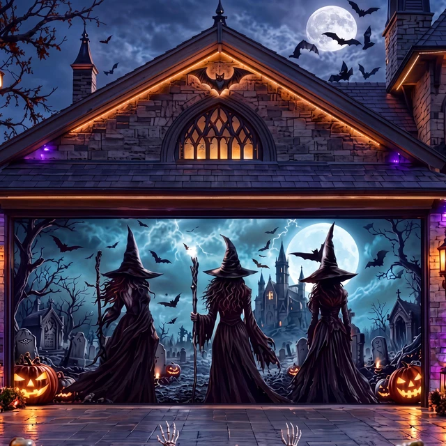 Main image of 7 x 16 ft Witch Halloween Garage Door Cover Banner Decoration Waterproof Polyester, Halloween Haunted Party, Spooky Witch Bat Pumpkin Graveyard, Photo Backdrop, for Outdoor Home Wall