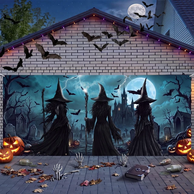 Alt view image 4 of 7 - 7 x 16 ft Witch Halloween Garage Door Cover Banner Decoration Waterproof Polyester, Halloween Haunted Party, Spooky Witch Bat Pumpkin Graveyard, Photo Backdrop, for Outdoor Home Wall