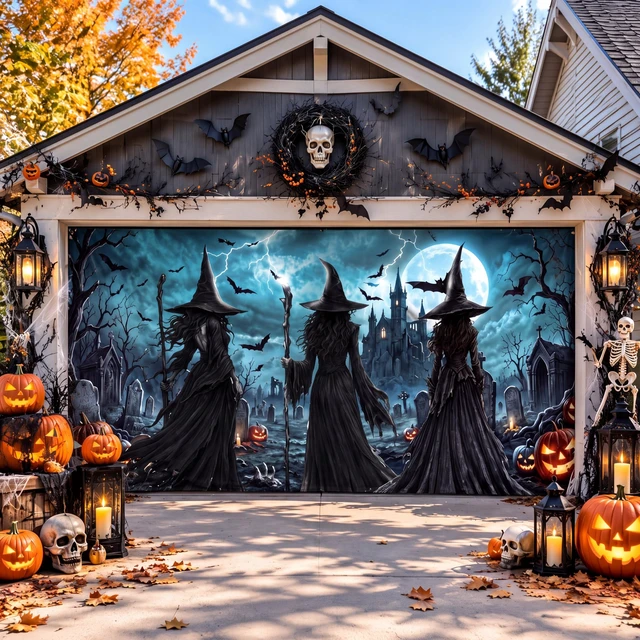 Alt view image 5 of 7 - 7 x 16 ft Witch Halloween Garage Door Cover Banner Decoration Waterproof Polyester, Halloween Haunted Party, Spooky Witch Bat Pumpkin Graveyard, Photo Backdrop, for Outdoor Home Wall