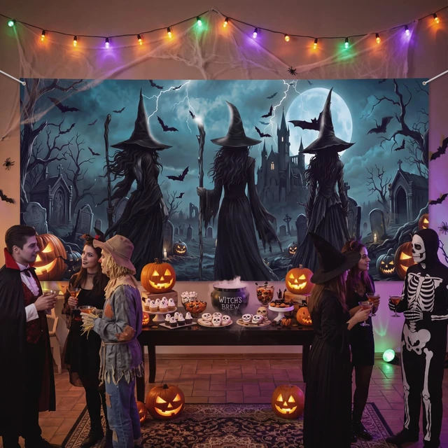 Alt view image 7 of 7 - 7 x 16 ft Witch Halloween Garage Door Cover Banner Decoration Waterproof Polyester, Halloween Haunted Party, Spooky Witch Bat Pumpkin Graveyard, Photo Backdrop, for Outdoor Home Wall