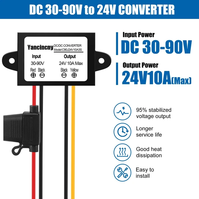Alt view image 2 of 7 - 24V 10A 240W DC-DC Buck Converter 30V-90V to 24 Volt 10A Transformer - 36V 48V Step Down to 24V Waterproof Power Supply for Truck/RV/Marine/Solar - Overload and Short Circuit Protection