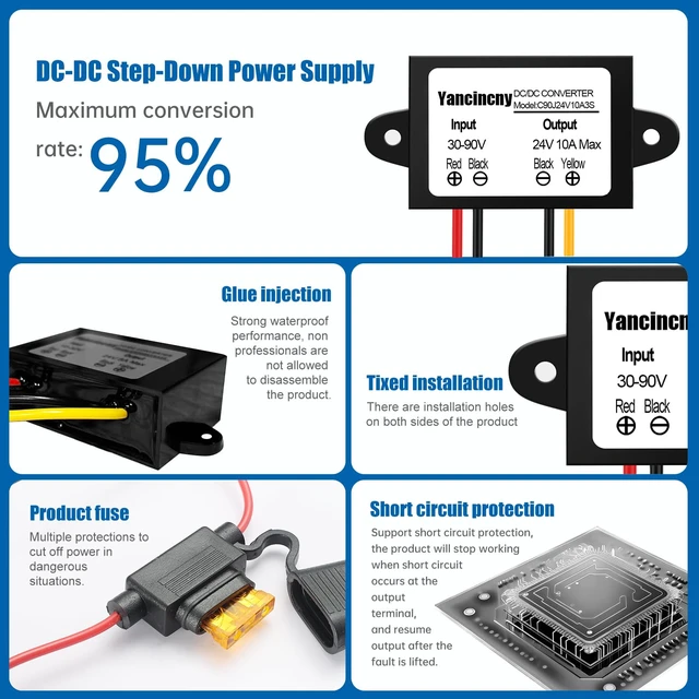 Alt view image 5 of 7 - 24V 10A 240W DC-DC Buck Converter 30V-90V to 24 Volt 10A Transformer - 36V 48V Step Down to 24V Waterproof Power Supply for Truck/RV/Marine/Solar - Overload and Short Circuit Protection