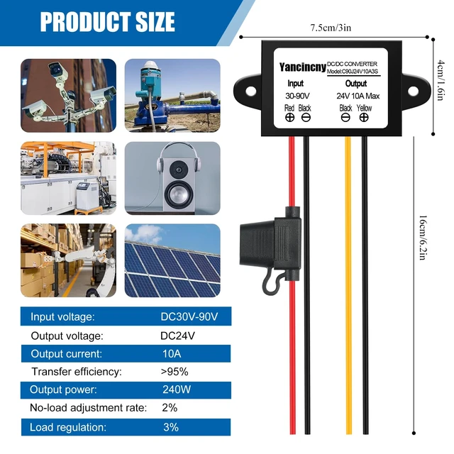 Alt view image 7 of 7 - 24V 10A 240W DC-DC Buck Converter 30V-90V to 24 Volt 10A Transformer - 36V 48V Step Down to 24V Waterproof Power Supply for Truck/RV/Marine/Solar - Overload and Short Circuit Protection