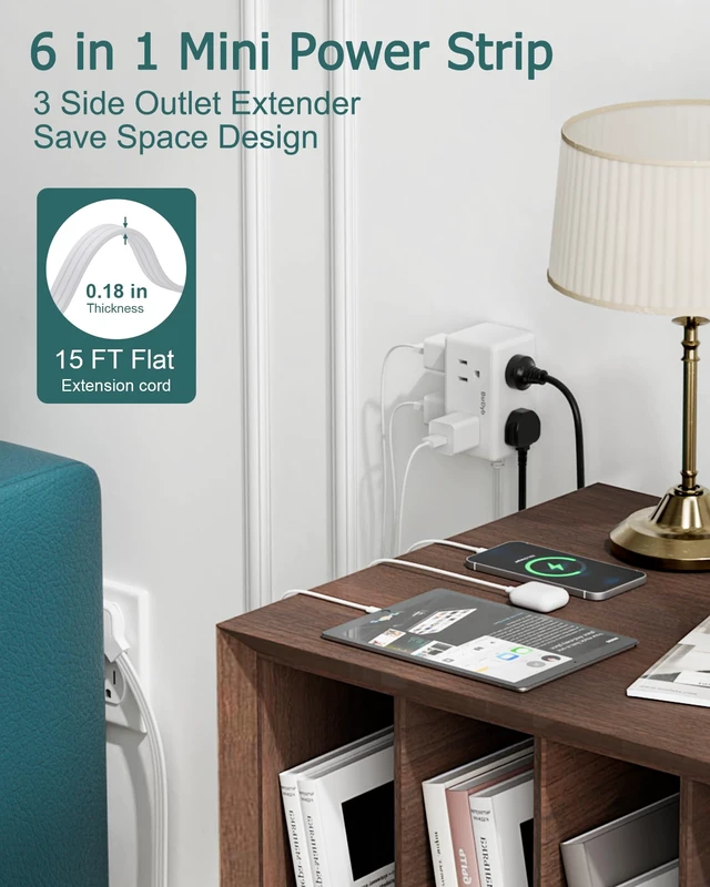 Alt view image 3 of 7 - 15Ft Flat Plug Small Power Strip,3-Side White Extension Cord with 6 Wide Outlets Extender,No Surge Protector,Cruise Ship Essentials,Multi Plug for College Dorm Home Office Travel,Wall Mount,ETL Listed