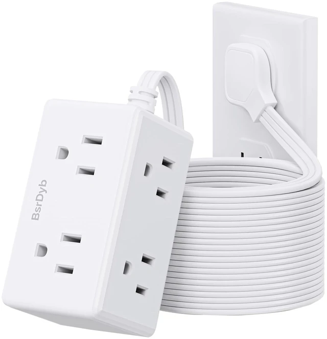 Main image of 15Ft Flat Plug Small Power Strip,3-Side White Extension Cord with 6 Wide Outlets Extender,No Surge Protector,Cruise Ship Essentials,Multi Plug for College Dorm Home Office Travel,Wall Mount,ETL Listed