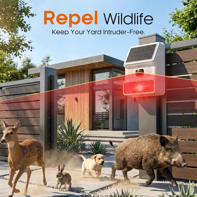 Alt view image 2 of 7 - Solar Motion Sensor Alarm, 120dB Outdoor Waterproof Strobe Siren, Wireless Security Alert System for Yard, Farm, Garage, Woods, Bear Deterrent, 2 Pack