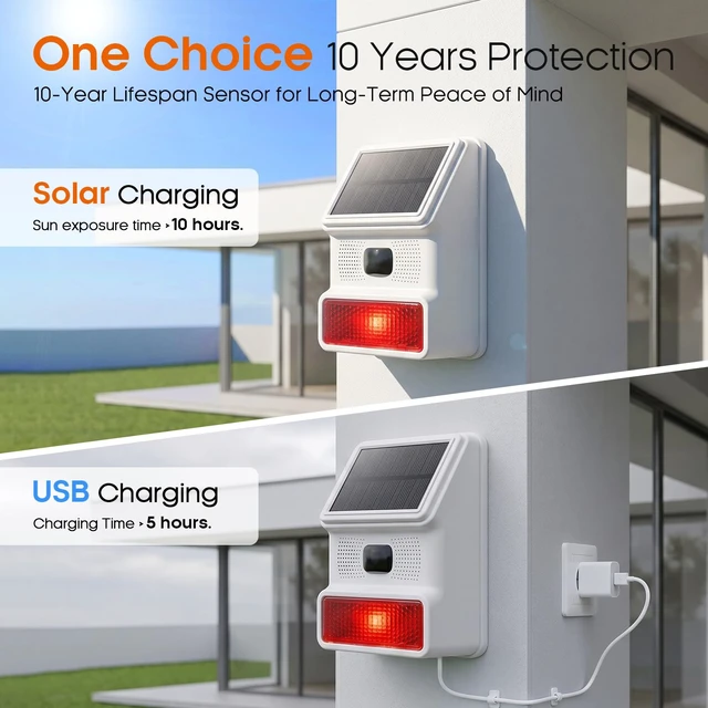 Alt view image 5 of 7 - Solar Motion Sensor Alarm, 120dB Outdoor Waterproof Strobe Siren, Wireless Security Alert System for Yard, Farm, Garage, Woods, Bear Deterrent, 2 Pack