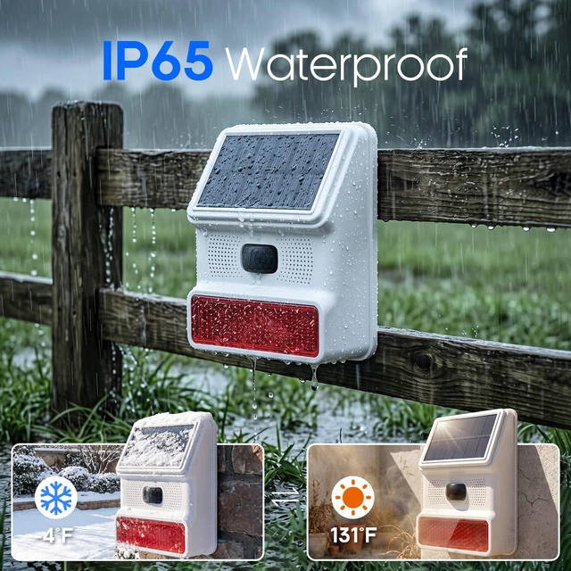 Alt view image 6 of 7 - Solar Motion Sensor Alarm, 120dB Outdoor Waterproof Strobe Siren, Wireless Security Alert System for Yard, Farm, Garage, Woods, Bear Deterrent, 2 Pack
