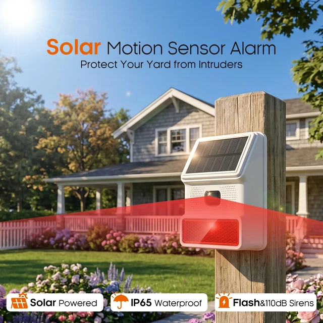 Alt view image 4 of 7 - Solar Motion Sensor Alarm, 120dB Outdoor Waterproof Strobe Siren, Wireless Security Alert System for Yard, Farm, Garage, Woods, Bear Deterrent, 2 Pack